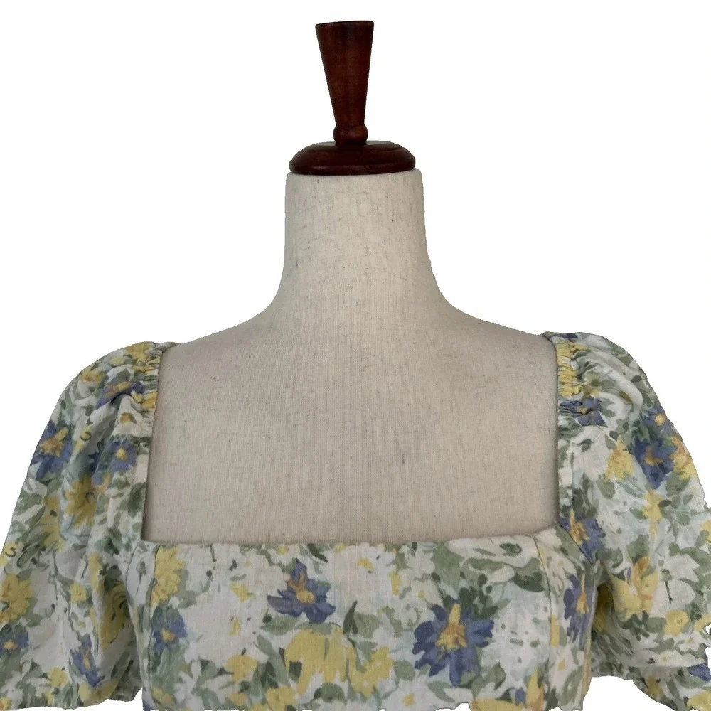 Abercrombie & Fitch Medium Women's Linen-Blend Puff Sleeve Top Yellow Indie Boho